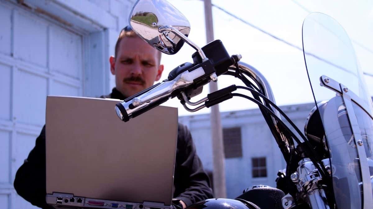 biker with a laptop