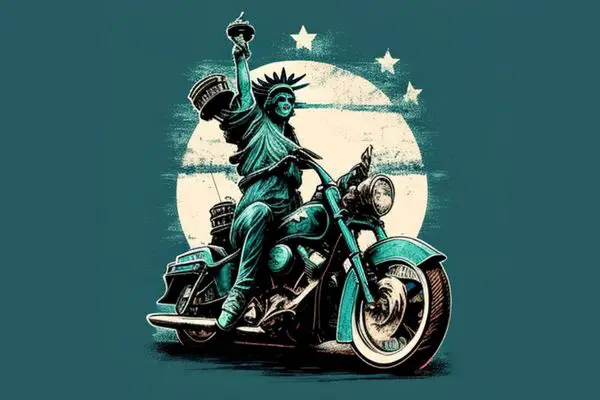 Midjourney Illustration Of The Statue Of Liberty Riding A Motorcycle