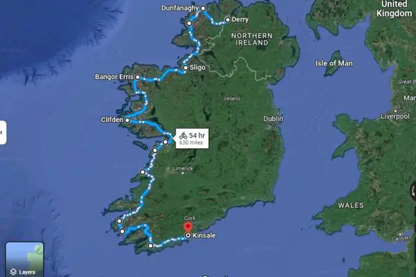 Map Of Motorcycle Road Trip Through The Wild Atlantic Way In Ireland