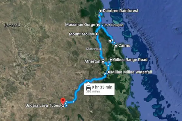 Map Of Cairns To Undara Lava Tubes Road Trip
